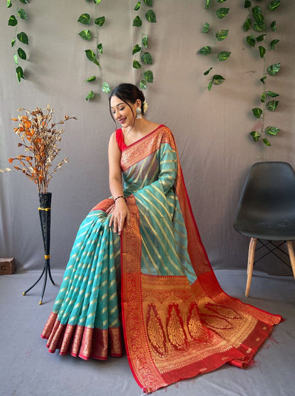 Teal Blue Organza Weaved Saree With Jacquard Border