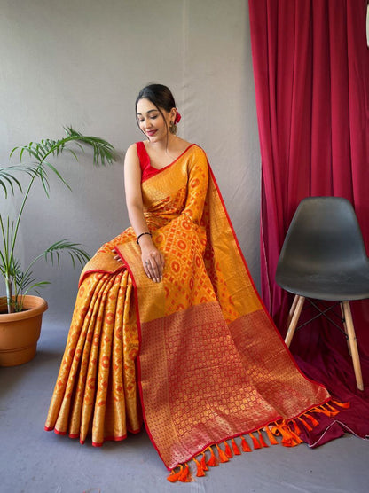 Fire Yellow Pure Patola Waved Silk Saree