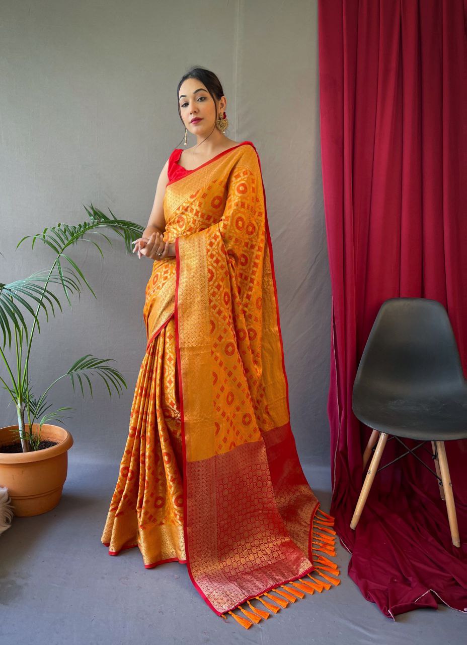 Fire Yellow Pure Patola Waved Silk Saree