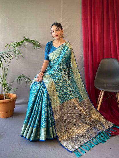 Firozi Blue Pure Patola Waved Silk Saree