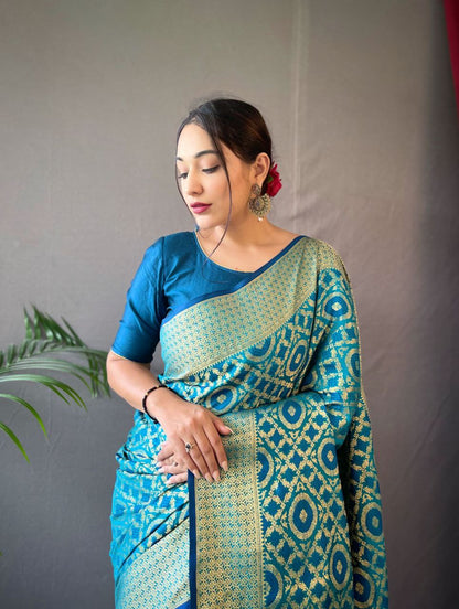 Firozi Blue Pure Patola Waved Silk Saree