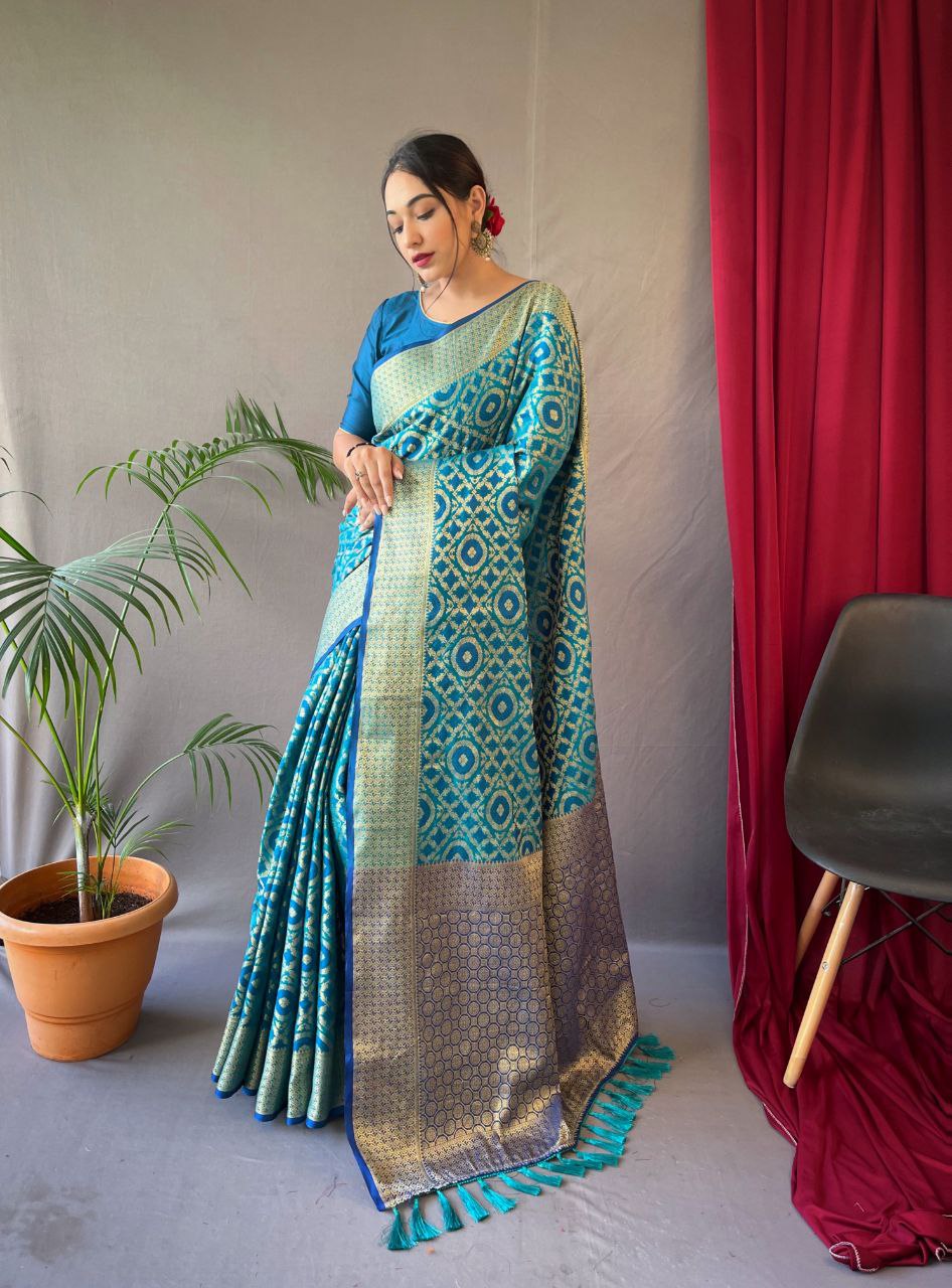 Firozi Blue Pure Patola Waved Silk Saree