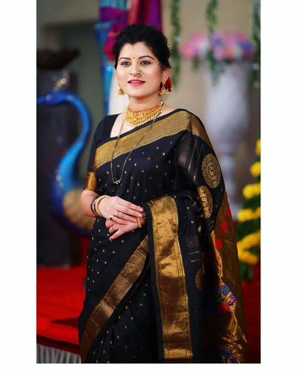 Demanding Black Paithani Silk Saree With Unequalled Blouse Piece