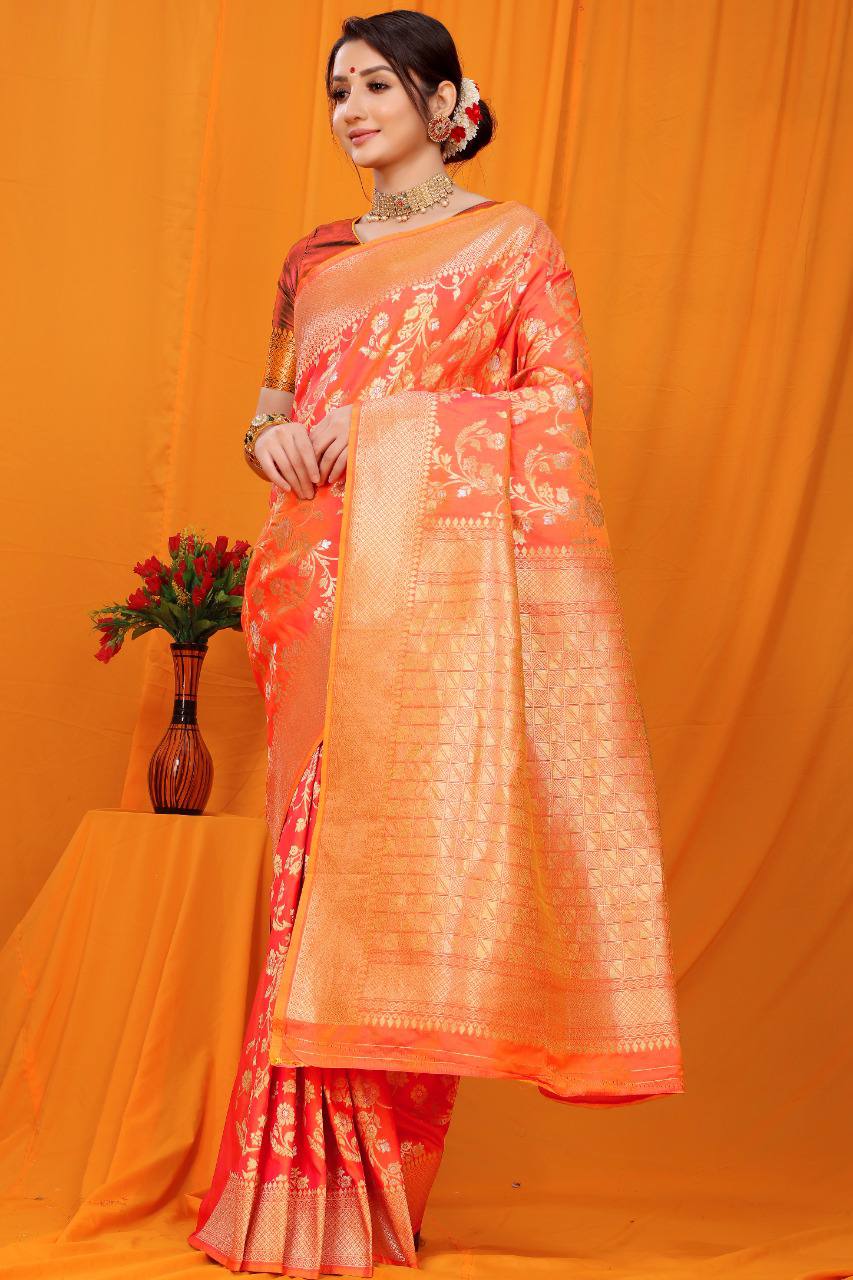 Orange  Paithani Pure Silk Handloom Saree With Pure Jari