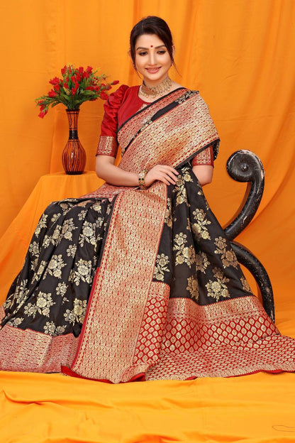 Black Kanchipuram Pure Silk Handloom Saree With Pure Jari Wewing Work