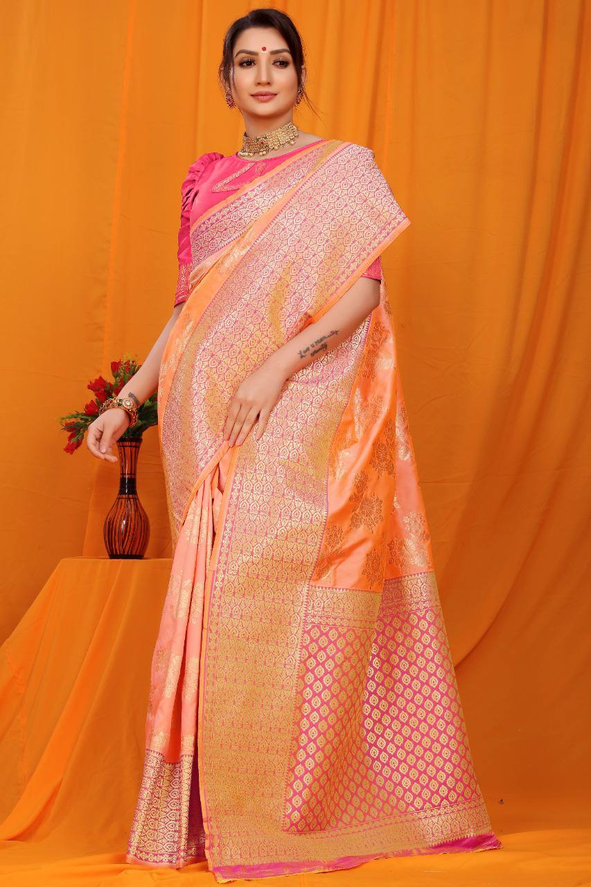 Orange Kanchipuram Pure Silk Handloom Saree With Pure Jari Wewing Work