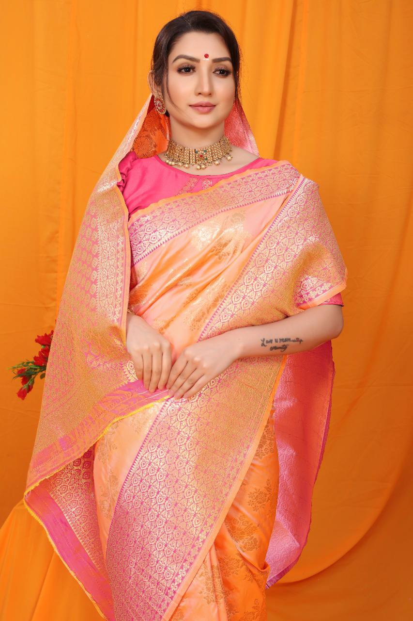 Orange Kanchipuram Pure Silk Handloom Saree With Pure Jari Wewing Work