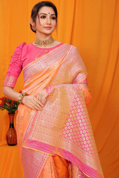 Orange Kanchipuram Pure Silk Handloom Saree With Pure Jari Wewing Work