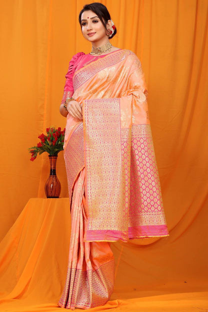 Orange Kanchipuram Pure Silk Handloom Saree With Pure Jari Wewing Work