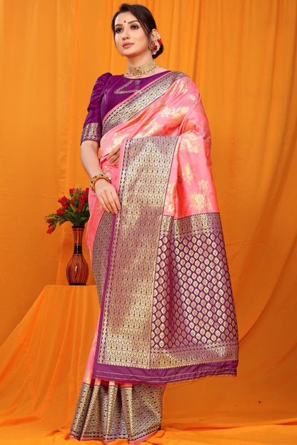 Pink Kanchipuram Pure Silk Handloom Saree With Pure Jari Wewing Work