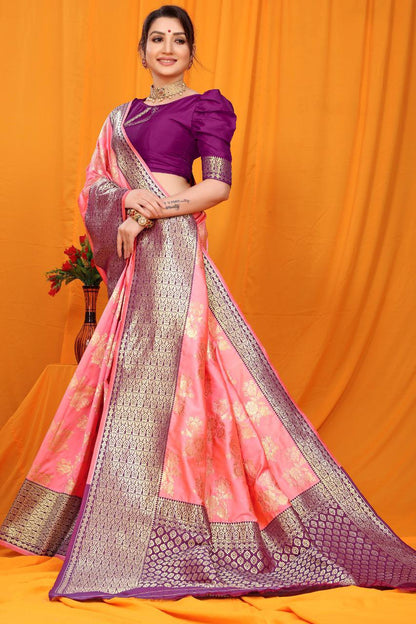 Pink Kanchipuram Pure Silk Handloom Saree With Pure Jari Wewing Work