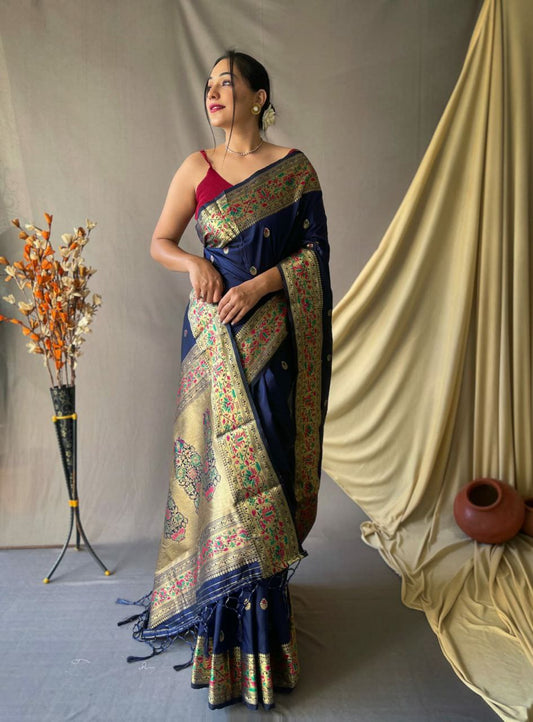 Navy Blue Pure Paithani Silk Saree With Paithani Rich Weaved Pallu And Tassels With  Meenakari Mottifs