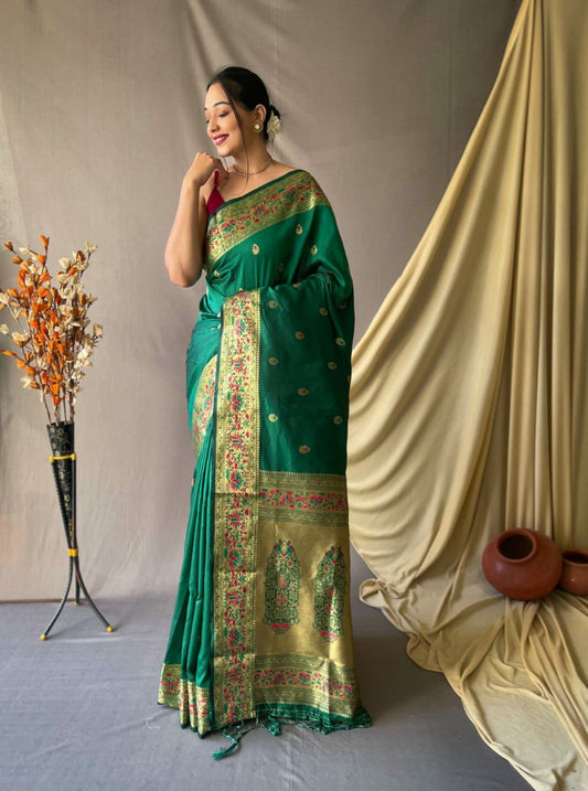 Forest Green Pure Paithani Silk Saree With Paithani Rich Weaved Pallu And Tassels With  Meenakari Mottifs