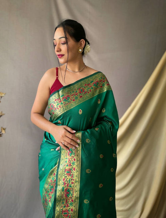 Forest Green Pure Paithani Silk Saree With Paithani Rich Weaved Pallu And Tassels With  Meenakari Mottifs