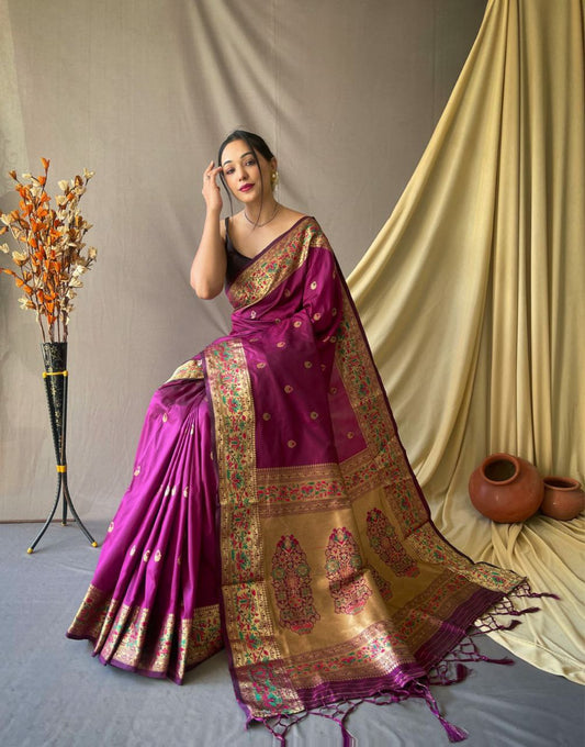 Violet Pure Paithani Silk Saree With Paithani Rich Weaved Pallu And Tassels With  Meenakari Mottifs