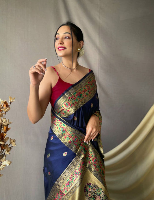 Navy Blue Pure Paithani Silk Saree With Paithani Rich Weaved Pallu And Tassels With  Meenakari Mottifs