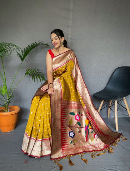 Amber Yellow  Pure Paithani Silk Saree With Paithani Rich Weaved Pallu With Tassels And Unique Mottif Pattern