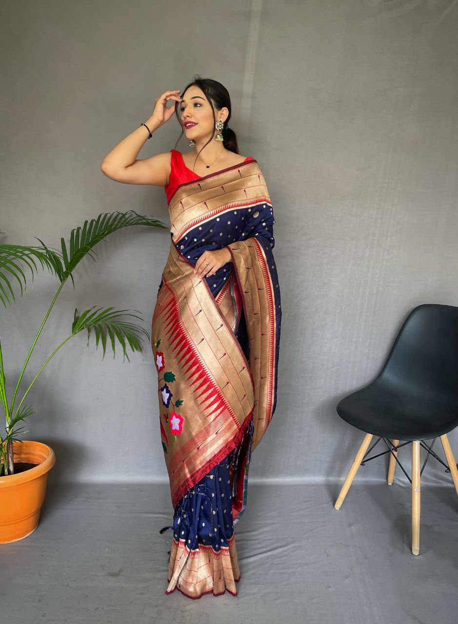 Navy Blue  Pure Paithani Silk Saree With Paithani Rich Weaved Pallu With Tassels And Unique Mottif Pattern