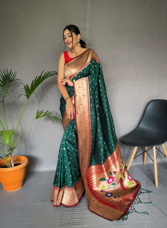 Forest Green  Pure Paithani Silk Saree With Paithani Rich Weaved Pallu With Tassels And Unique Mottif Pattern