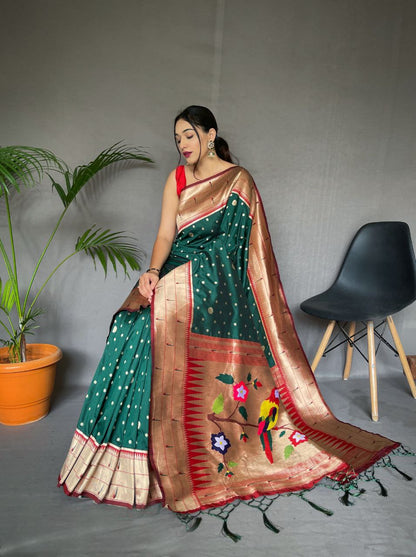 Forest Green  Pure Paithani Silk Saree With Paithani Rich Weaved Pallu With Tassels And Unique Mottif Pattern