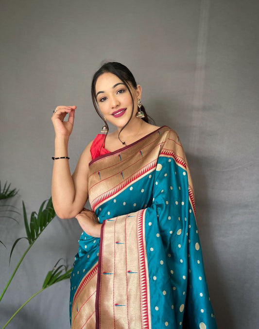 Cyan Blue  Pure Paithani Silk Saree With Paithani Rich Weaved Pallu With Tassels And Unique Mottif Pattern