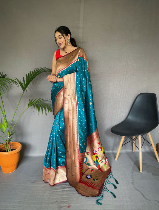 Cyan Blue  Pure Paithani Silk Saree With Paithani Rich Weaved Pallu With Tassels And Unique Mottif Pattern