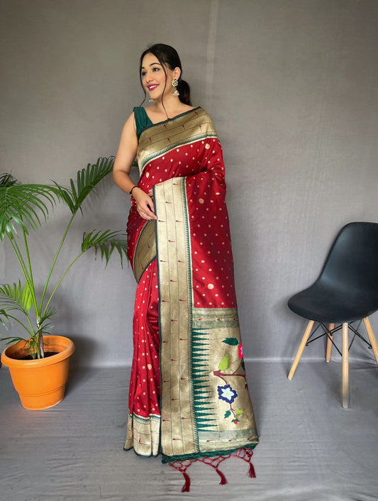 Rufous Red  Pure Paithani Silk Saree With Paithani Rich Weaved Pallu With Tassels And Unique Mottif Pattern