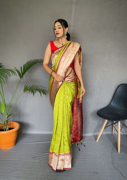 Chartreuse Green  Pure Paithani Silk Saree With Paithani Rich Weaved Pallu With Tassels And Unique Mottif Pattern