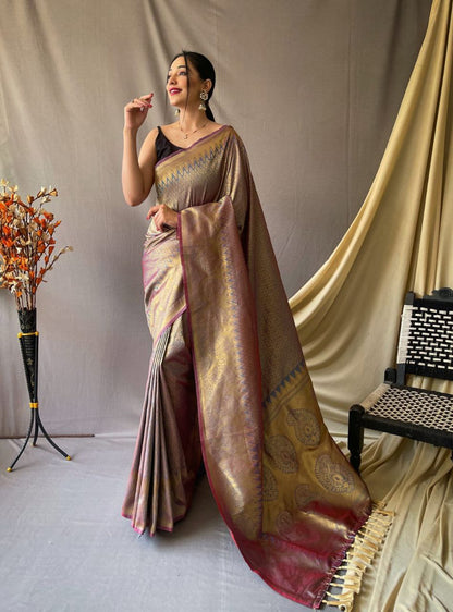 GRAY PURE KANJEEVARAM SILK HEAVY GOLDEN BIG JACQUARD WEAVING BORDER SAREES