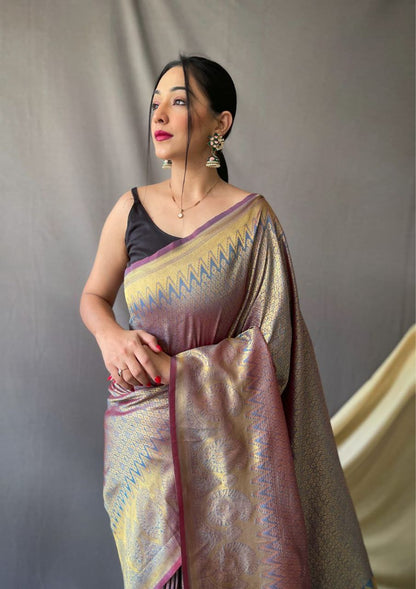 GRAY PURE KANJEEVARAM SILK HEAVY GOLDEN BIG JACQUARD WEAVING BORDER SAREES