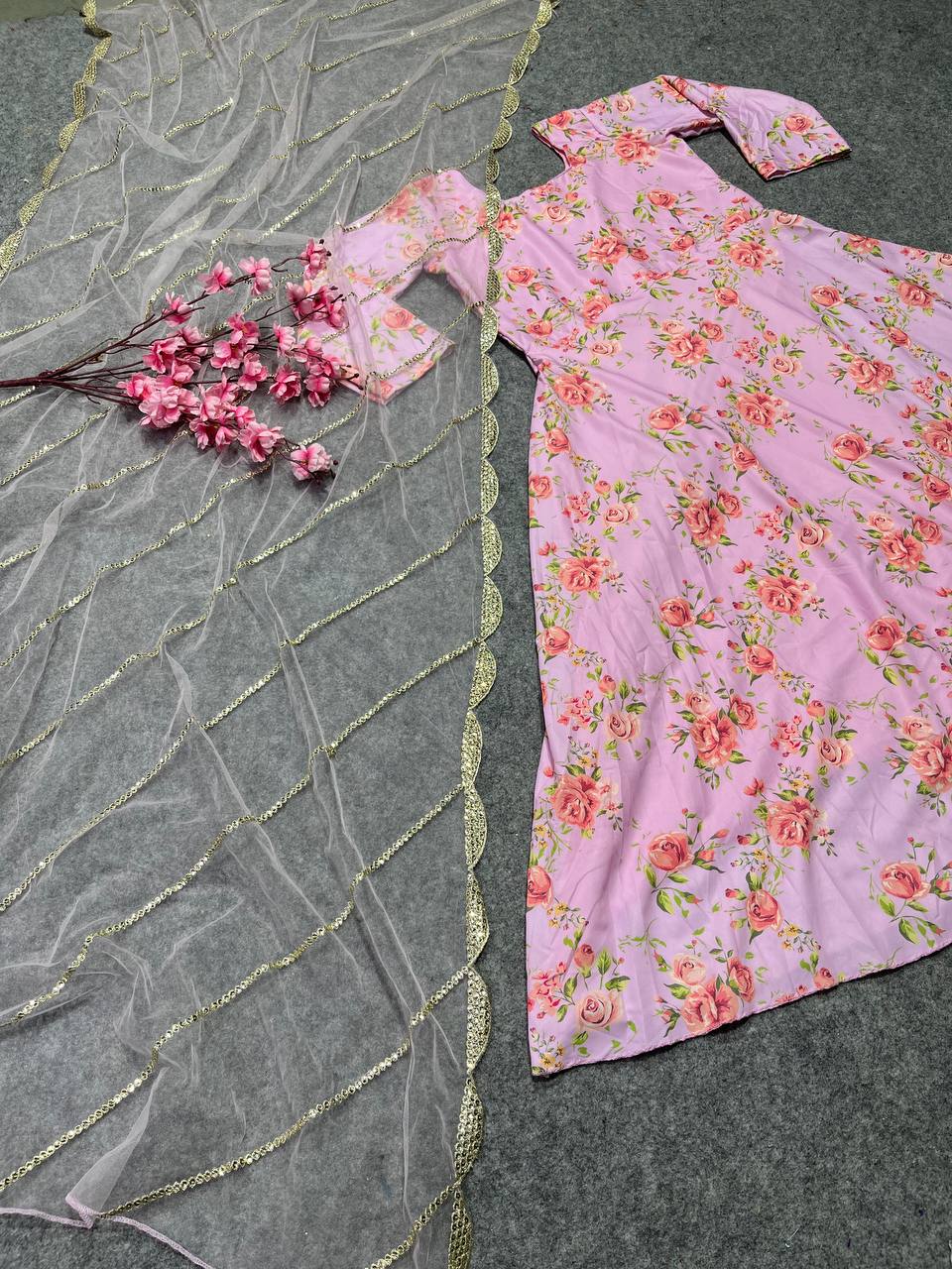 Olive Pink Color Floor Length Floral Long Frock With Net Dupatta Salwar Suit