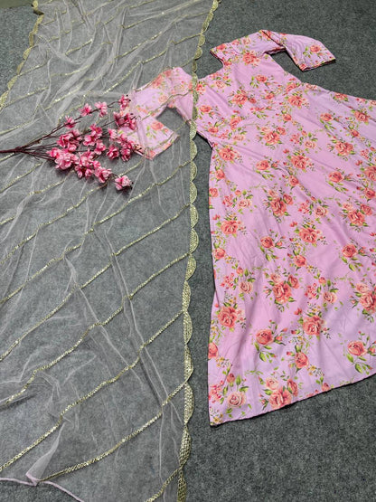 Olive Pink Color Floor Length Floral Long Frock With Net Dupatta Salwar Suit