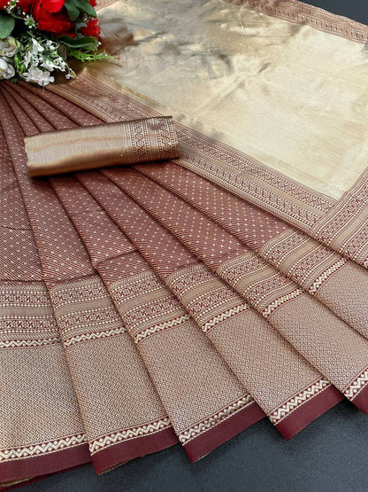 Dark Maroon Border Banarasi Beautiful Zari Work In Form Of Traditional Motifs Soft Silk Saree