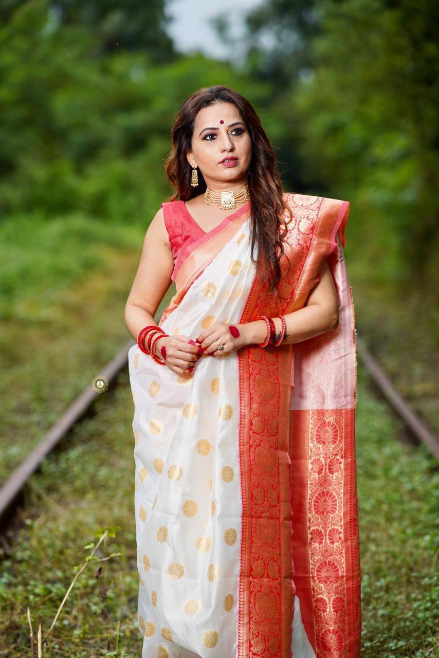 White And Red Combination With Red Blouse Banarasi Beautiful Saree With Beautiful Tassels