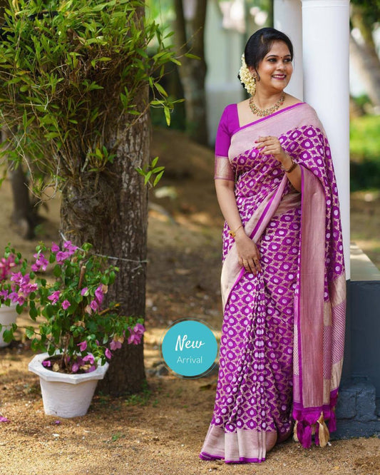 Magenta Colour With Silver Zari Butta & Golden Zari Waving Banarasi Beautiful Saree With Blouse With Beautiful Tassels