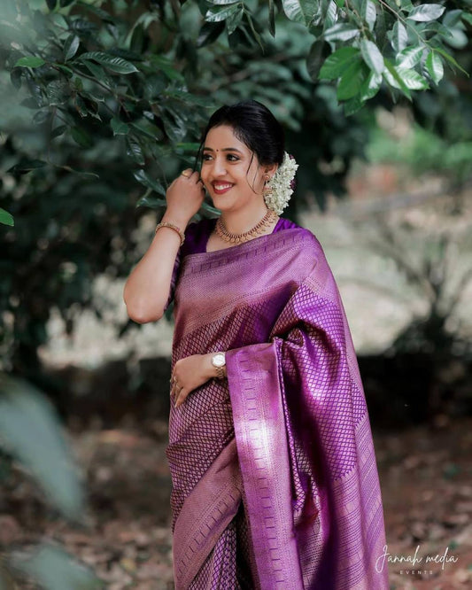 Wedding Look Voilet Banarasi Beautiful Saree With Blouse With Beautiful Tassels