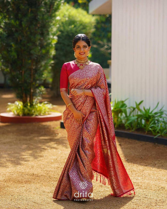 Wedding Look Red Silver Zari Weaving Banarasi Beautiful Saree With Blouse With Beautiful Tassels