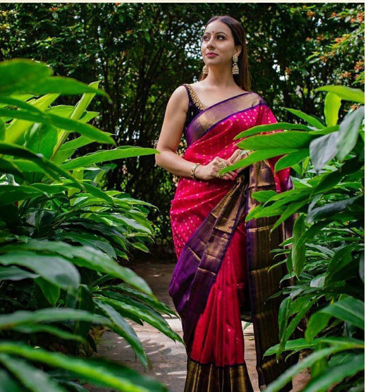 Rani Saree With Viloet Border Banarasi Beautiful Saree With Blouse With Beautiful Tassels