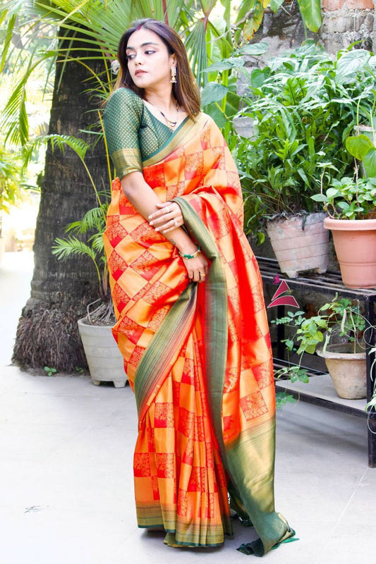 Designer Pure Naylon Red With Green Combination With Golden Zari Weaving With Tassels