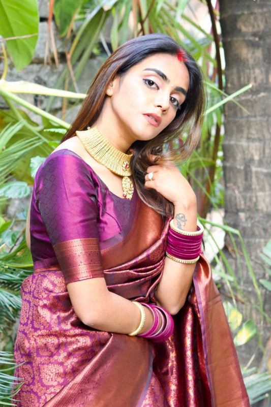 Magenta Colour With Copper Zari Weaving Designer Banarasi Beautiful Saree With Blouse