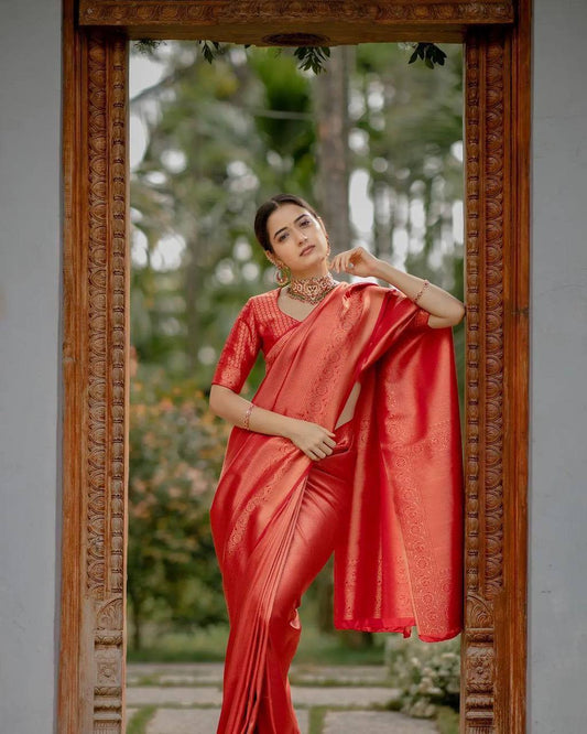 Designer Red Colour Banarasi Beautiful Saree With Blouse