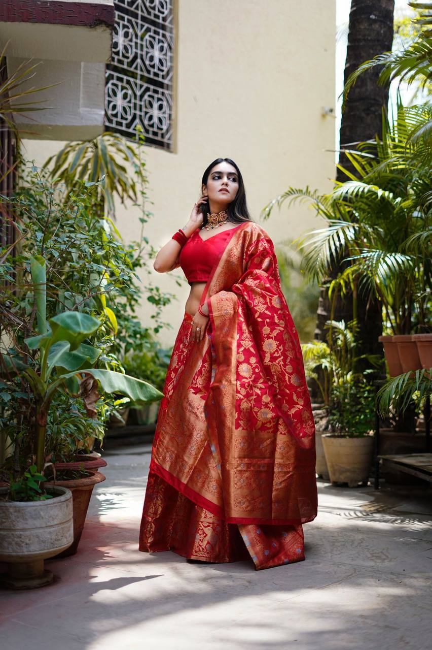 Designer Bridal Red Lehenga With Gold Zari Weaving With Grey Thread Touch Along With Dupatta & Blouse