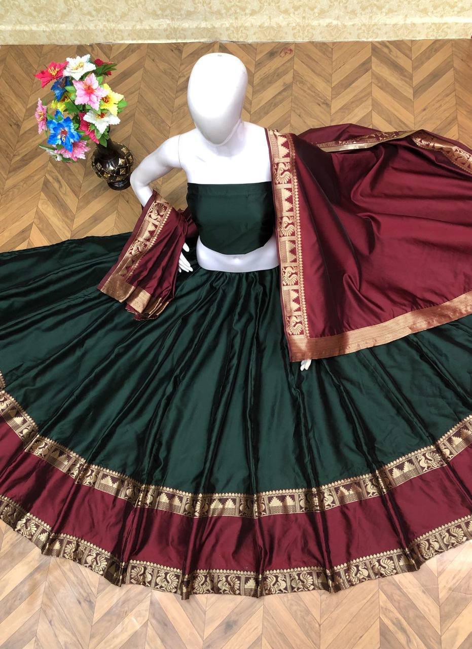 Designer Bridal Dark Green Lehenga With Gold Zari Weaving With Maroon – The  Beauty Queen