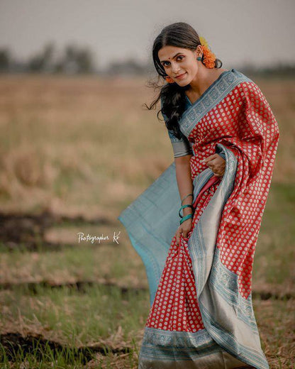 Tomoto Red Banarasi Beautiful Zari Work In Form Of Traditional Motifs Soft Silk Saree