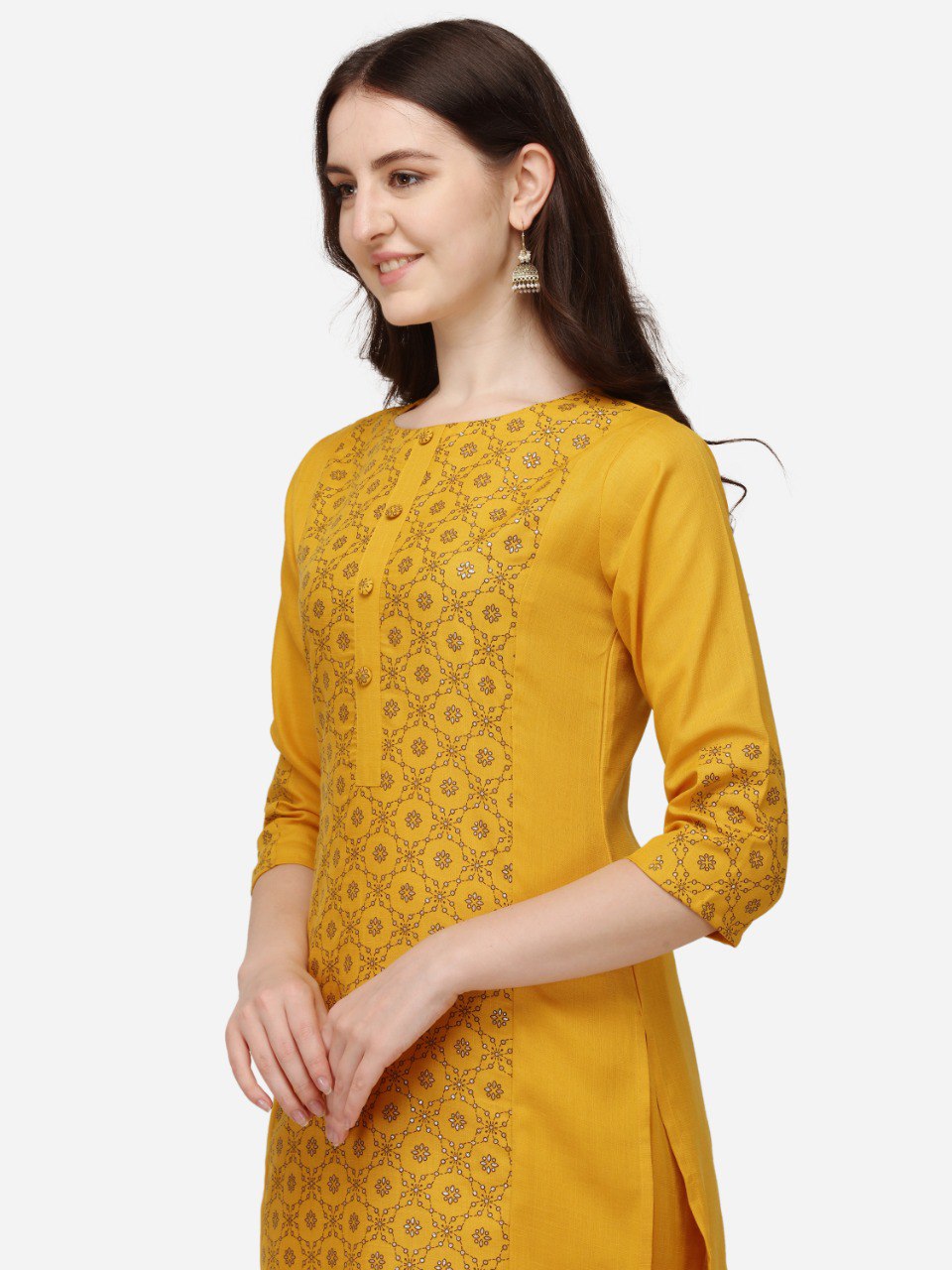 Yellow Cotton Bandhani Prints With Gathered Sleeve Kurti Pant