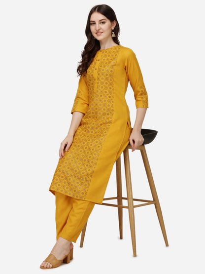 Yellow Cotton Bandhani Prints With Gathered Sleeve Kurti Pant