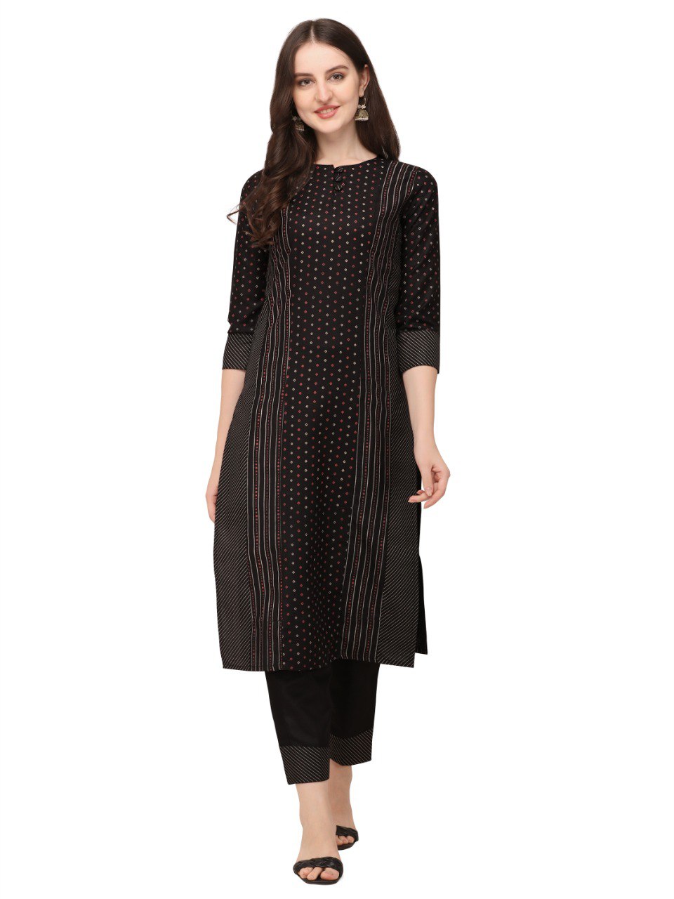 Black Cotton Bandhani Prints With Gathered Sleeve Kurti Pant