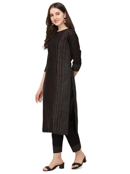 Black Cotton Bandhani Prints With Gathered Sleeve Kurti Pant