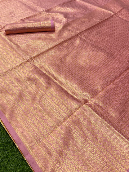 Peach Banarasi Beautiful Zari Work In Form Of Traditional Motifs Soft Silk Saree