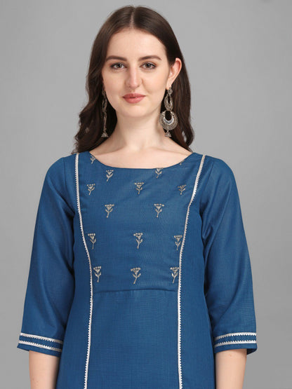 Blue Cotton Embellished With Mirror Thread Work Salwar Suit